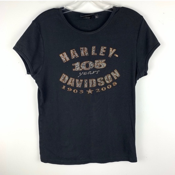 Harley Davidson Black 105 Years Rhinestone Logo Short Sleeve Baby Fit T-Shirt - Picture 2 of 6